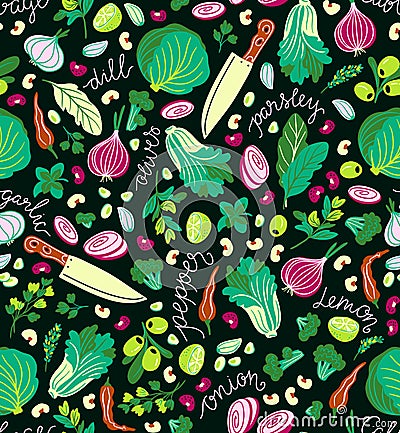 Kitchen background. Knifes and vegetables . Multicolor vector seamless pattern. Vector Illustration