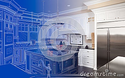 Kitchen Blueprint Drawing Gradating Into Finished Build Stock Photo