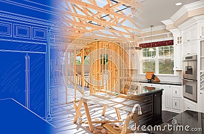 Kitchen Blueprint Drawing Gradating Into House Construction Framing Then Into Finished Build Stock Photo