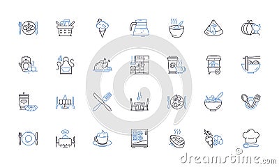 Kitchen business line icons collection. Culinary, Cooking, Appliances, Utensils, Countertops, Cabinetry, Dishware vector Vector Illustration