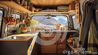 kitchen in a camper van with mountains outside Stock Photo