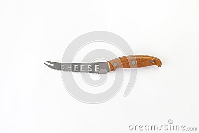 Kitchen chef knive for cheese laying on white background, flat lay, view from above, space for a text. Chef, restaurant or kitchen Stock Photo