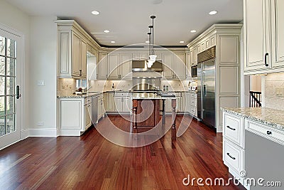 Kitchen with cherry wood floor Stock Photo