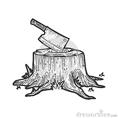 Kitchen cleaver stuck in tree stump sketch vector Vector Illustration