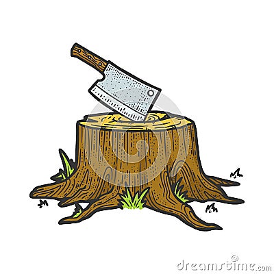 Kitchen cleaver stuck in tree stump sketch vector Vector Illustration