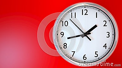 Kitchen clock on a red wall. Stock Photo