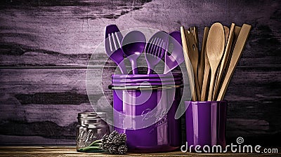 Kitchen cooking utensils in ceramic storage pot on a shelf on a rustic wooden wall. Generative Ai Stock Photo