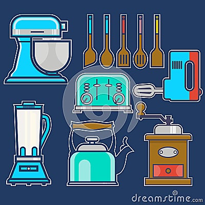 Kitchen and cooking vintage elements.Vector set of kitchenware kitchen unit, kettle, coffee mill, mixer, liquidizer Vector Illustration