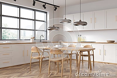 Kitchen corner and dining room combo in white. Corner view Stock Photo