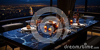 A Kitchen Counter Featurn a MarblePatterned Surface Against the Backdrop of a Tranalquil Evenin Stock Photo