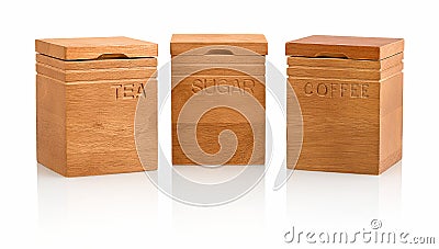 Kitchen craft natural elements acacia wood tea, coffee & sugar storage containers isolated on white background. Stock Photo