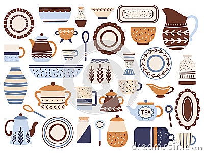 Kitchen crockery. Ceramic cookware, porcelain cups and glassware jar. Kitchen tableware isolated flat items vector set Vector Illustration