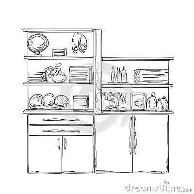 Kitchen cupboard. Furniture with wares Vector Illustration