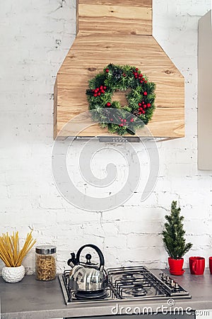 Kitchen decor for Christmas, New Year. Kitchen details, place for text. Stock Photo