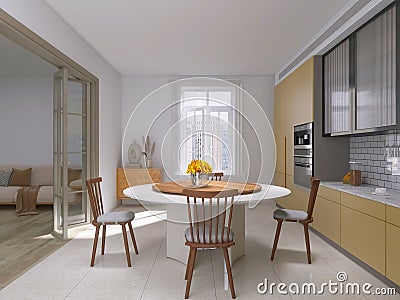 Kitchen dining room 3d render, 3d illustration modern concept apartment Cartoon Illustration