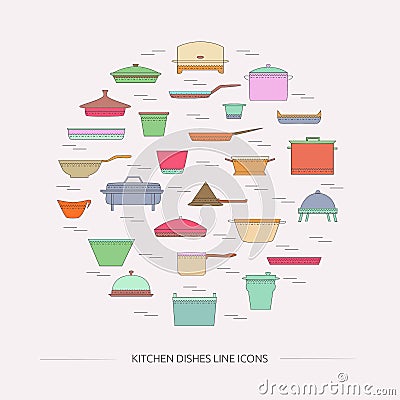 Kitchen dishes line icons. Stock Photo