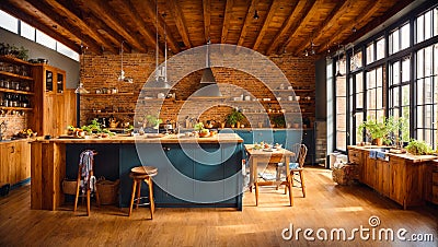 Kitchen dishes loft style wall window design modern furniture stylish Stock Photo