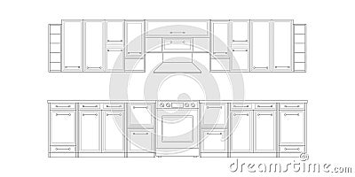 Kitchen drawing.Architectural linear sketch interior kitchen front view.Modern home furniture.Vector illustration Stock Photo