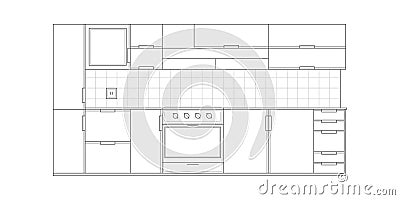 Kitchen drawing.Architectural linear sketch interior kitchen front view.Modern home furniture.Vector illustration Stock Photo