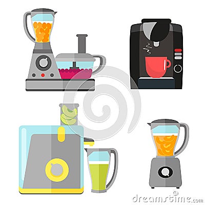 Kitchen electrical equipment set for cooking. Coffee machine, blender, juicer and food processor. Vector equipment Vector Illustration