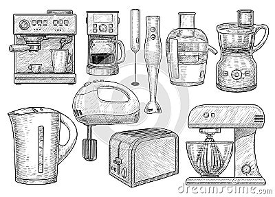 Kitchen electronic tool collection illustration, drawing, engraving, ink, line art, vector Vector Illustration