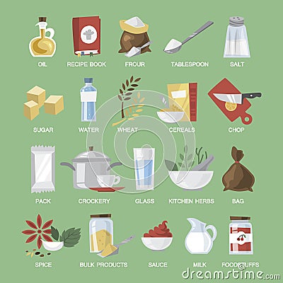 Kitchen equipment and food set. Colection of cooking items Vector Illustration