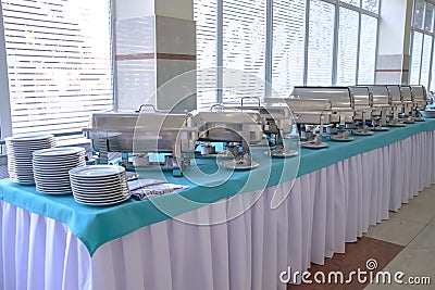 kitchen equipment on the table for a gourmet banquet or other service event Stock Photo