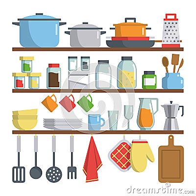 Kitchen equipments on shelf illustration Vector Illustration