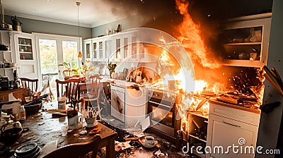 Kitchen fire accident. Accident in the kitchen leads to a fire outbreak, causing chaos and urgency. Stock Photo