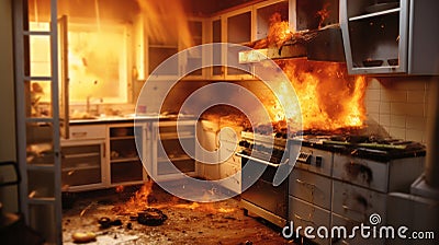 Kitchen fire, Fire raging in domestic kitchen Stock Photo
