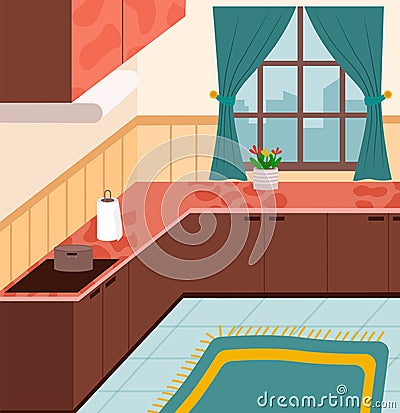 Cooking Furnished Nobody Place with Dishes Vector Vector Illustration