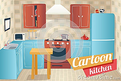 Kitchen Furniture Accessories Interior Cartoon Vector Illustration