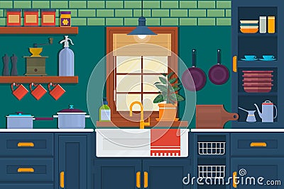 Kitchen with furniture. Cozy room interior with table, stove, cupboard and dishes. Flat style vector illustration.Vector Vector Illustration