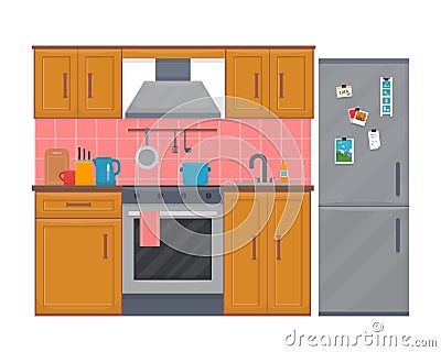 Kitchen with furniture set. Vector Illustration