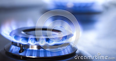 Kitchen gas cooker with burning fire propane gas Stock Photo