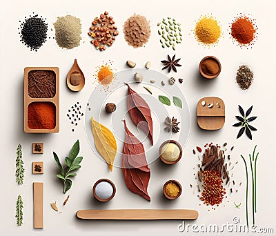 Kitchen Gourmet Spices Knolling. Stock Photo