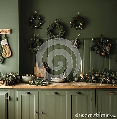 Kitchen With Green Cabinets and Wreaths on Wall Stock Photo