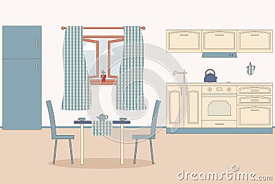 Kitchen home interior. Indoor furniture: fridge and stove and cupboard and hood, kettle, MITT, oven MITT,sink, faucet.Vector Vector Illustration