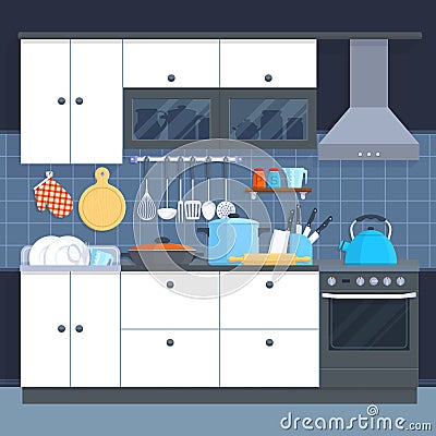 Kitchen home interior with oven and kitchenware vector illustration Vector Illustration