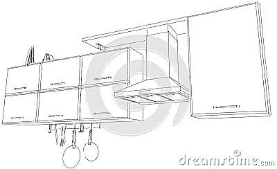 Kitchen hood with cabinets and shelf contour sketch black and white Stock Photo