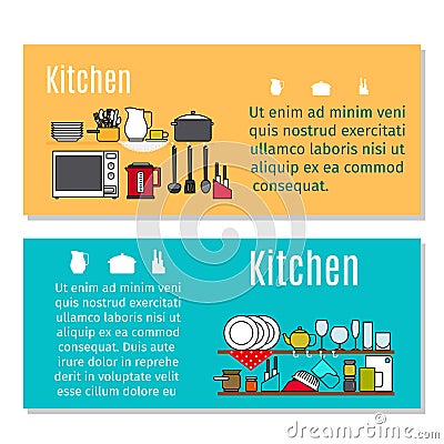 Kitchen horizontal flyers in cartoon style Vector Illustration