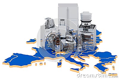 Kitchen and household appliance on the map of the European Union. Production, shopping and delivery concept. 3D rendering Stock Photo