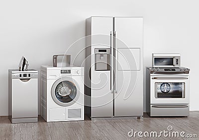 Kitchen household appliances, 3d rendering. Assistance concept Cartoon Illustration