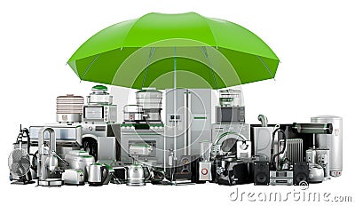 Kitchen and Household appliances under umbrella, guarantee and protection concept. 3D rendering Stock Photo