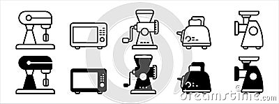 Kitchen household icon set. Kitchen electric ware icons set. Contains icon such as stand mixer, microwave oven, meat mincer, Vector Illustration