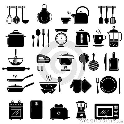 Kitchen icon. Food cooking utensils whisk stove knife silhouettes recent vector symbols Vector Illustration