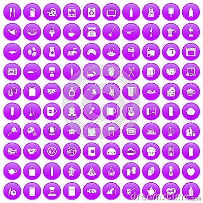 100 kitchen icons set purple Vector Illustration