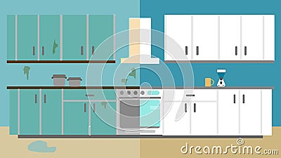 Kitchen Improvement Before and After Repair. Home Interior Renovation. Flat style illustration. Cartoon Illustration