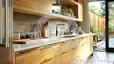 The kitchen incorporates bamboo both in its design and functional elements. Bamboo cabinets offer ample storage space Stock Photo