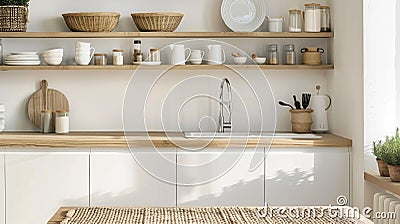 The kitchen incorporates Scandinavian simplicity with its sleek white cabinetry and light wood accents. A wooden Stock Photo